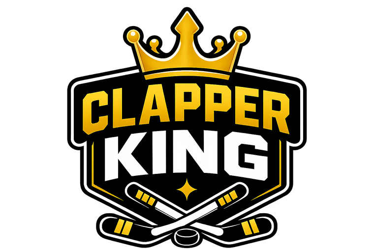 Logo of Clapper King with a crown and crossed clappers on a black background